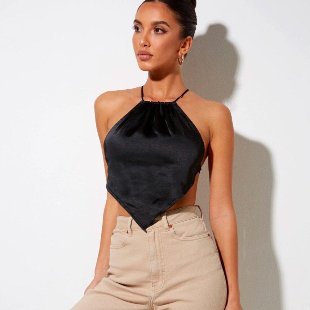 Black Satin Diamond Strappy Back Halter Neck Top